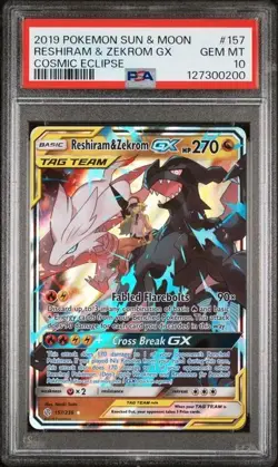 2019 POKEMON SUN & MOON COSMIC ECLIPSE #157 RESHIRAM & ZEKROM GX PSA 10 (A) - Image 1