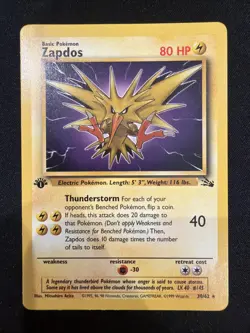 1999 Pokemon Fossil 1st Edition Zapdos Non-Holo Card 30/62 Authentic - Image 1