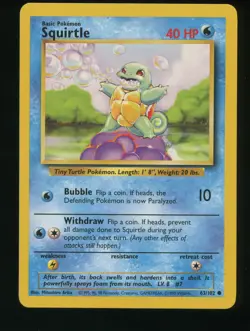 Squirtle Unplayed Unlimited Base Set #63 /102 Pokemon Card NM or Better - Image 1