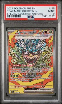 131118237 Teal Mask Ogerpon ex 2025 Pokemon Prismatic Evolutions #145/131 PSA 9 - Image 1