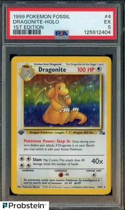 1999 Pokemon Fossil 1st Edition #4 Dragonite Holo PSA 5 EX - Image 1