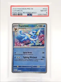 VAPOREON 2025 POKEMON EVOLUTIONS POKE BALL REVERSE HOLO RARE 022 PSA 8 Q0004 - Image 1