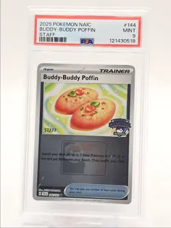 BUDDY-BUDDY POFFIN 2025 POKEMON NAIC TEMPORAL FORCES STAFF 144/162 PSA 9 Q0004 - Image 1