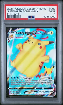 2021 POKEMON CELEBRATIONS #009 FULL ART/SURFING PIKACHU VMAX PSA 9 - Image 1