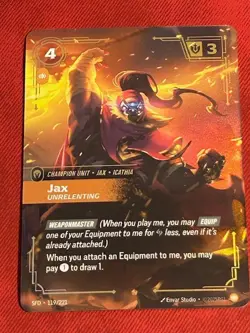 Jax Unrelenting 119/221 Riftbound Spiritforged TCG Champion Unit Card On Hand - Image 1