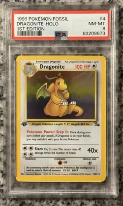Pokemon Dragonite Holo Rare 1st Edition PSA 8, Fossil 1999 4/62 - Image 1