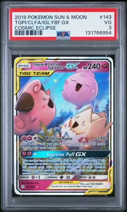 2019 POKEMON SUN & MOON COSMIC ECLIPSE #143 TOGEPI & CLEFFA & IGGLYBUFF GX PSA 3 - Image 1