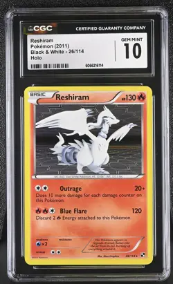 CGC 10 GEM MINT Reshiram 2011 Black & White 26/114 Holo Pokemon Card - Image 1