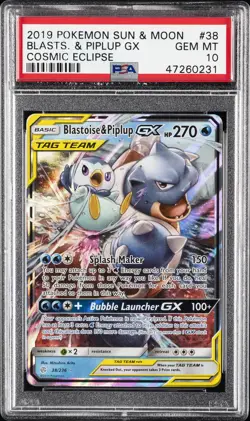 2019 POKEMON SUN & MOON COSMIC ECLIPSE #38 BLASTOISE & PIPLUP GX PSA 10 - Image 1