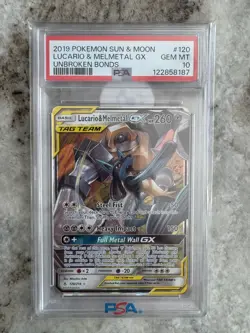 2019 POKEMON SUN & MOON UNBROKEN BONDS #120 LUCARIO & MELMETAL GX PSA GEM MT 10 - Image 1