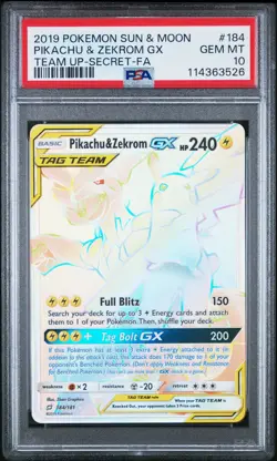 2019 POKEMON SUN & MOON TEAM UP SECRET #184 FULL ART/PIKACHU & ZEKROM GX PSA 10 - Image 1