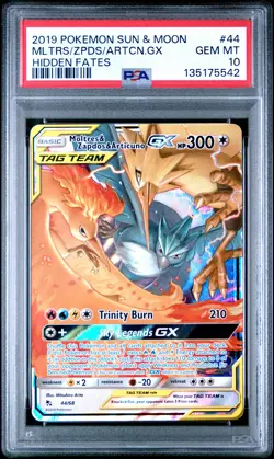 2019 POKEMON SUN & MOON HIDDEN FATES #44 MOLTRES & ZAPDOS & ARTICUNO GX PSA 10 - Image 1
