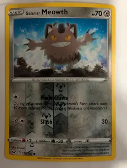 Galarian Meowth 127/202 Sword & Shield Base Set Pokemon Reverse Holo Foil Nice! - Image 1