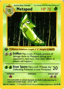 Pokemon TCG Metapod 54/102 1st Edition Base Set Shadowless MP - Image 1