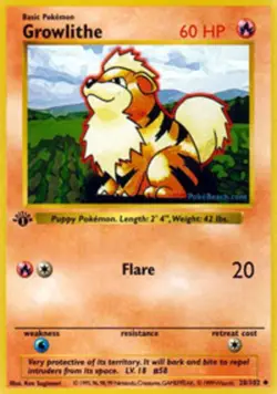 Damaged Growlithe - 28/102 - Uncommon - 1st Edition Pokemon Base Set - Image 1
