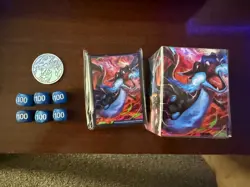MEGA CHARIZARD Sleeves, Deck box, Dice, Metal Coin all from UPC Pokemon - Image 1