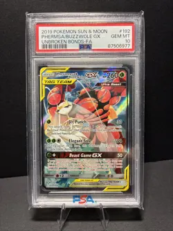 2019 Pokemon Sun & Moon Unbroken Bonds Pheromosa & Buzzwole GX 192 FA PSA 10 - Image 1