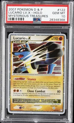 2007 POKEMON DIAMOND & PEARL MYSTERIOUS TREASURES #122 LUCARIO LV.X-HOLO PSA 10 - Image 1