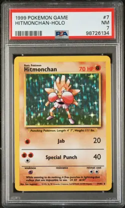 1999 POKEMON BASE SET UNLIMITED #7 HITMONCHAN-HOLO PSA 7 - Image 1