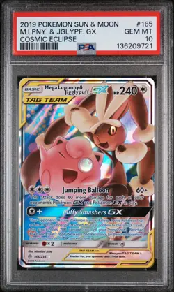 2019 Pokemon Sun & Moon Cosmic Eclipse #165 Mega Lopunny & Jigglypuff GX PSA 10 - Image 1
