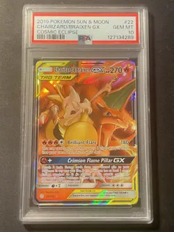 2019 POKEMON SM COSMIC ECLIPSE #22/236 CHARIZARD & BRAIXEN GX TAG TEAM PSA 10 - Image 1