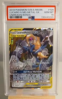 2019 POKEMON SUN & MOON UNBROKEN BONDS #120 LUCARIO & MELMETAL GX PSA 10 - Image 1