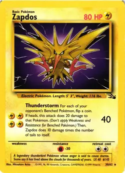 Pokemon TCG Zapdos 30/62 Fossil Unlimited Non Holo Rare LP/MP - Image 1
