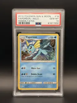 2019 POKEMON SUN & MOON HIDDEN FATES #18 VAPOREON-HOLO PSA 10 - Image 1