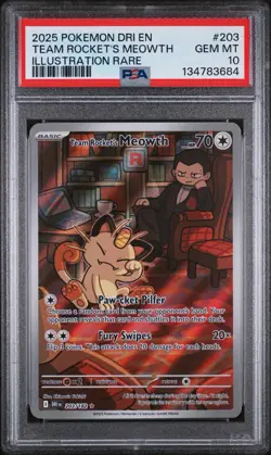 2025 POKEMON DESTINED RIVALS ILLUSTRATION RARE #203 TEAM ROCKET'S MEOWTH PSA 10 - Image 1