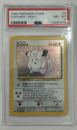 1999 Pokemon TCG Clefairy Base Set Holo Unlimited Rare Card 5/102 PSA 8 - Image 1