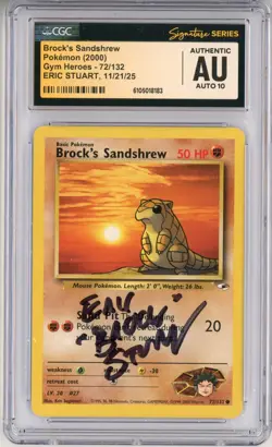CGC Auto 10 Signed Pokemon TCG Brock's Sandshrew 072/132 Gym Heroes Regular 2000 - Image 1