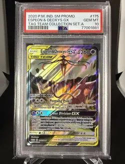 PSA 10 GEM MINT Espeon & Deoxys GX 175 Tag Team Pokemon SM Promo Card Indonesian - Image 1