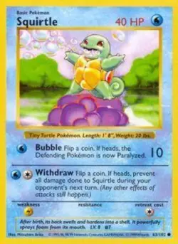 Squirtle - 63/102 - Common - Shadowless Edition HP, English Pokemon Base Set - Image 1
