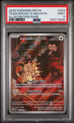 Pokemon TCG Destined Rivals Team Rockets Meowth Card 203 PSA 9 ILLUSTRATION RARE - Image 1