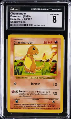 1999 POKEMON BASE SET SHADOWLESS #46/102 CHARMANDER CGC 8 - Image 1