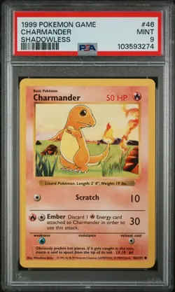 Pokemon Card Charmander 46/102 Base Set Shadowless PSA 9 WOTC - Image 1