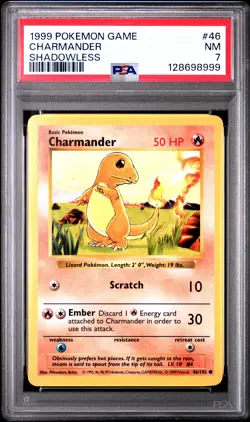 1999 POKEMON BASE SET SHADOWLESS #46 CHARMANDER PSA 7 - Image 1