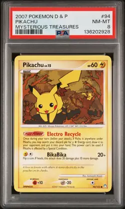 2007 POKEMON DIAMOND & PEARL MYSTERIOUS TREASURES #94 PIKACHU PSA 8 - Image 1