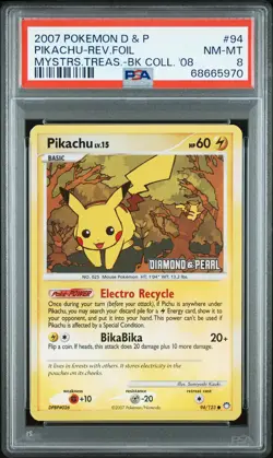 2007 POKEMON DIAMOND & PEARL MYSTERIOUS TREASURES #94 PIKACHU-REVERSE FOIL PSA 8 - Image 1