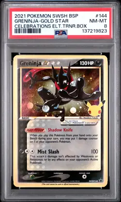 2021 POKEMON SWSH CELEBRATIONS ELITE TRAINER BOX #144 GRENINJA-GOLD STAR PSA 8 - Image 1