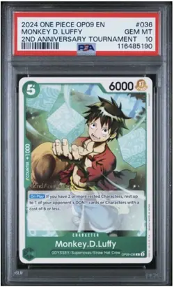2024 Monkey D. Luffy OP09-036 EN 2nd Anniversary Tournament One Piece PSA 10 - Image 1