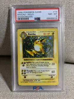 1999 Pokemon Raichu Shadowless Holo Base Set 14/102 PSA 8 - Image 1