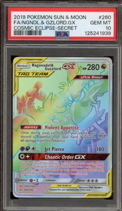 Pokemon Naganadel & Guzzlord GX Cosmic Eclipse Secret Rare Full Art #260 PSA 10 - Image 1