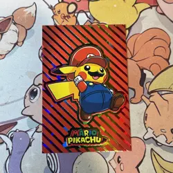 A - Pikachu Mario Rainbow Stripes Cracked Ice Holo Pokemon Database Christmas - Image 1