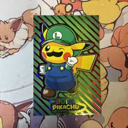 A - Pikachu Luigi Rainbow Stripes Cracked Ice Holo Pokemon Database Christmas - Image 1