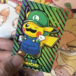 A - Pikachu Luigi Rainbow Stripes Cracked Ice Holo Pokemon Database Christmas - Image 3