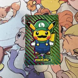 B - Pikachu Luigi Rainbow Stripes Cracked Ice Holo Pokemon Database Christmas - Image 1
