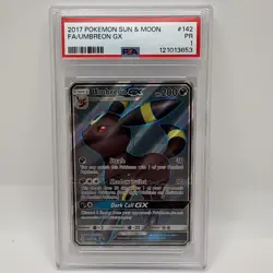 PSA 1 Umbreon GX 142/149 Sun & Moon Base Set 2017 Full Art Holo Pokemon Card TCG - Image 1