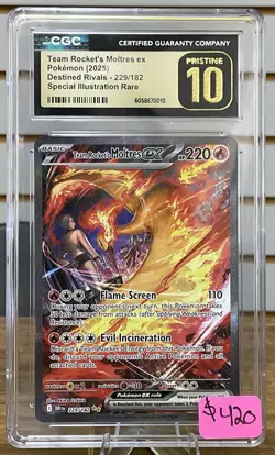 CGC PRISTINE 10 Team Rocket's Moltres ex 229/182 IR Destined Rivals Pokemon Card - Image 1