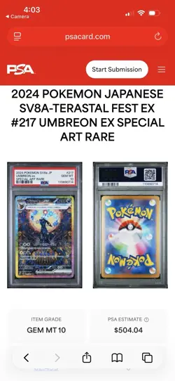 2024 Pokemon Japanese SV8A-TERASTAL Fest EX Umbreon #217 Special Art Rare PSA 10 - Image 1